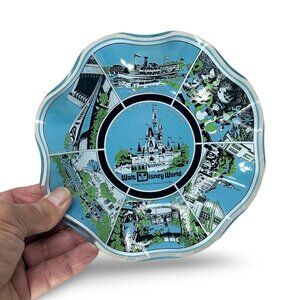 Vintage Blue 1970s Walt Disney World Souvenir Fluted Glass Candy Dish Plate Tray